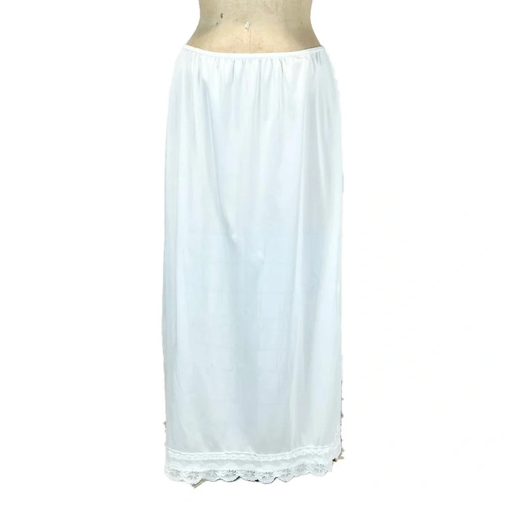 VINTAGE nylon silky dress skirt slip white lace side slit elastic waist maxi 70s - Picture 3 of 12